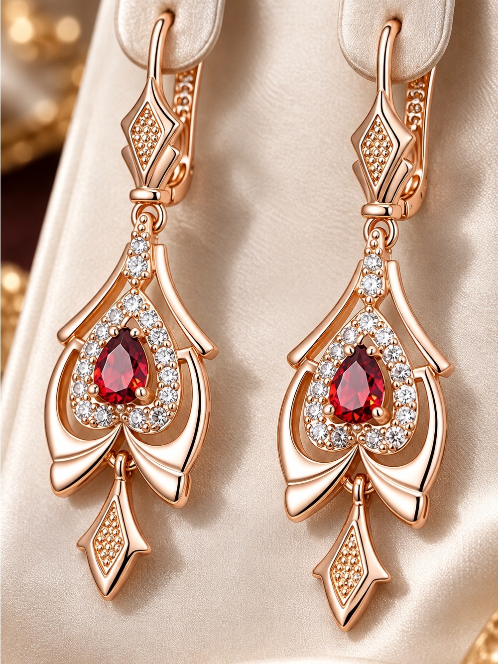 Rose Gold tone Women’s Drop Earrings with Red Teardrop Gemstone